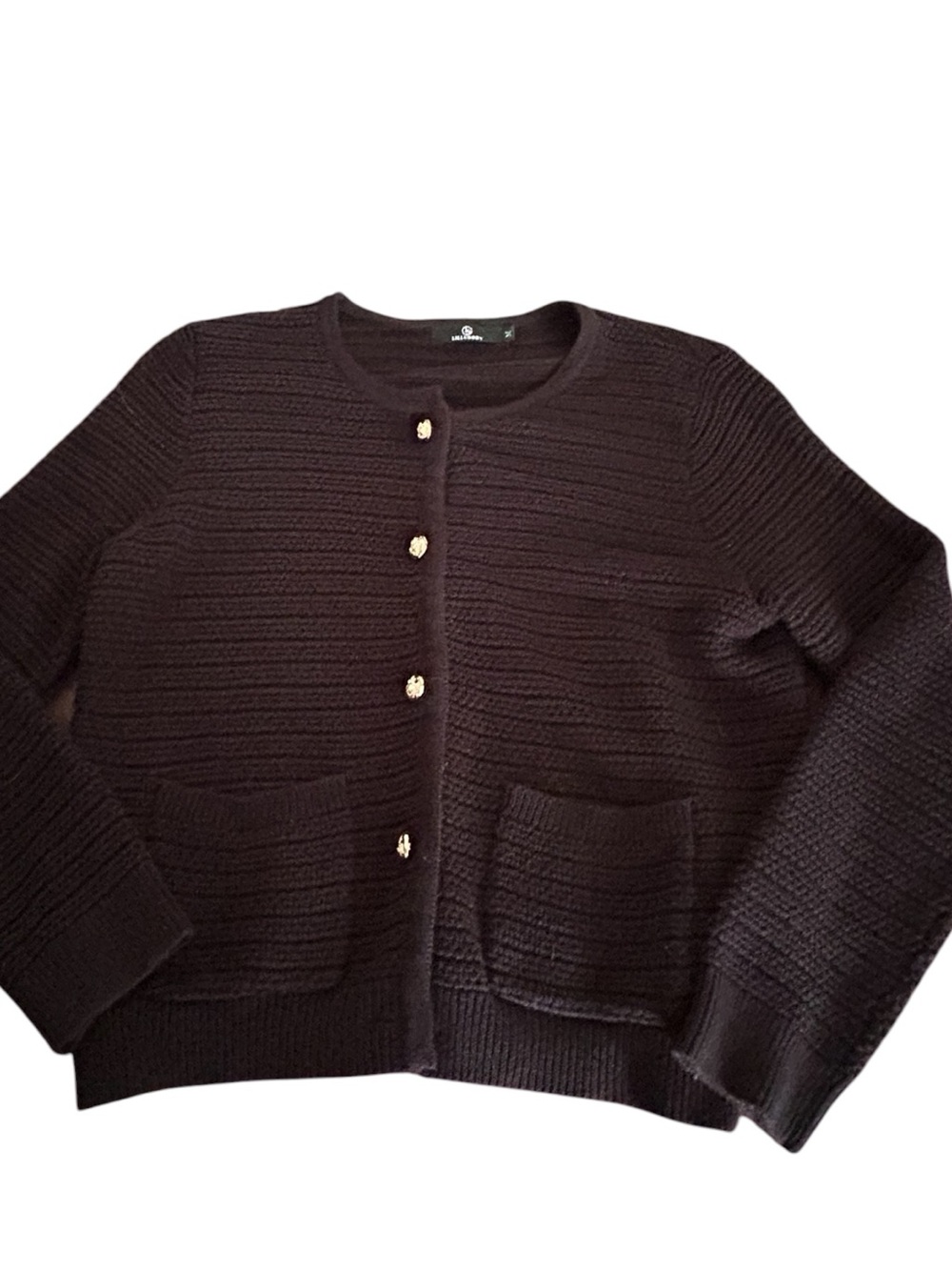 Lillusory Woman’s Black Knit Button-Up Cardigan with Gold Buttons SZ M EUC - Picture 3 of 11